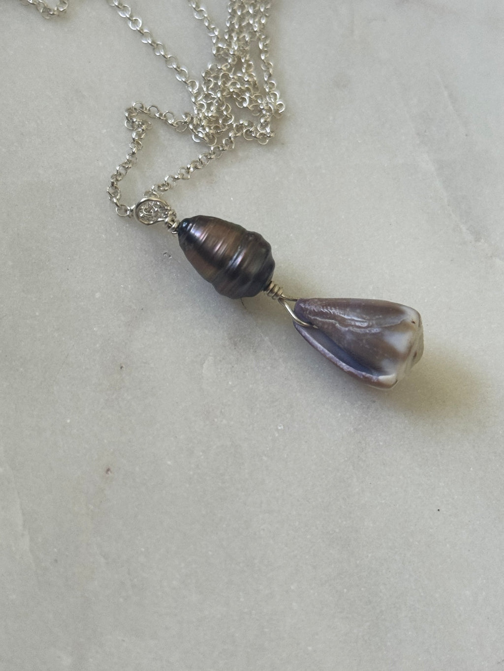 Sterling Silver Cone Shell Necklace with Tahitian pearl - Beach Jewelry - handmade in Hawaii