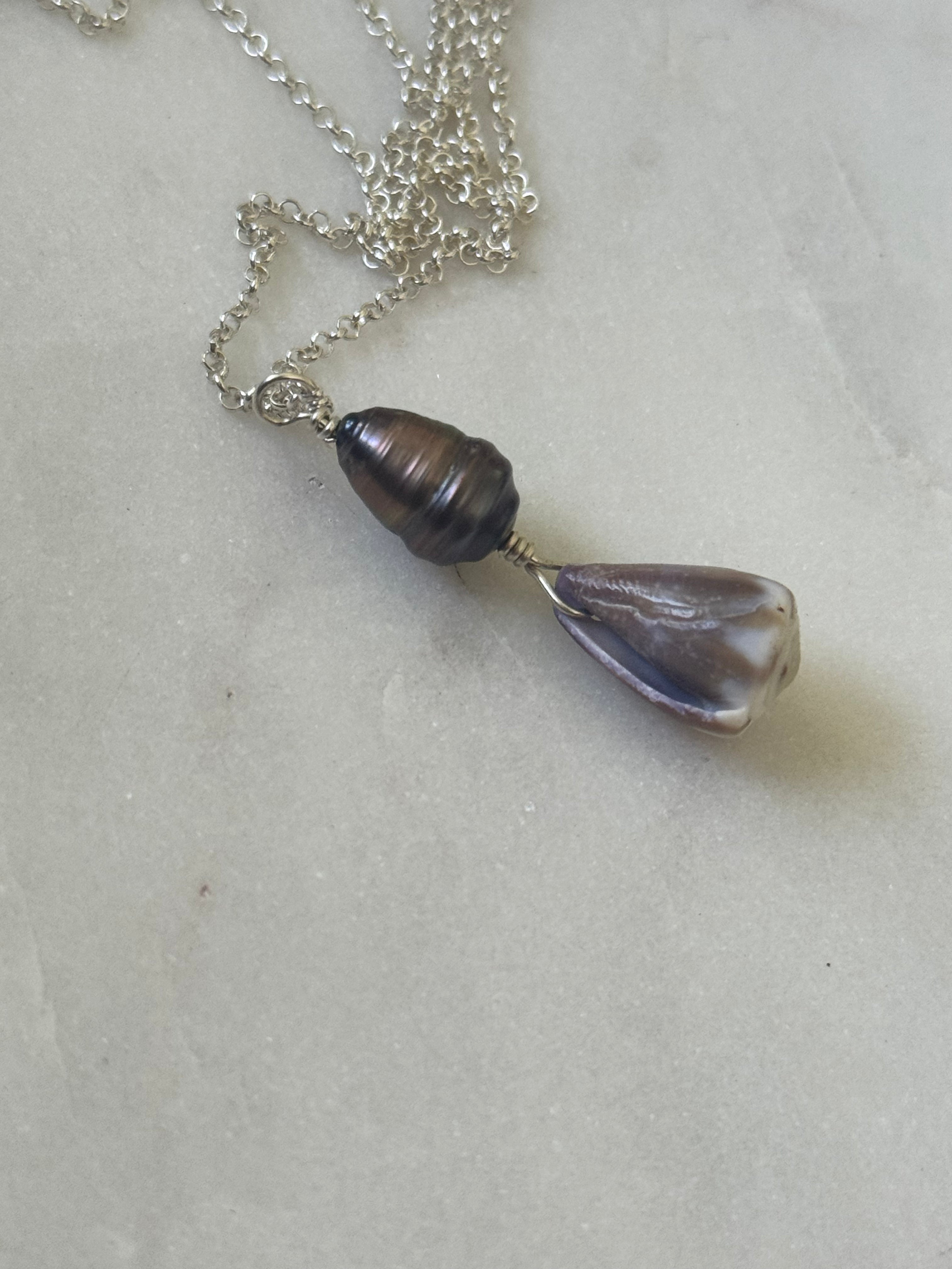 Sterling Silver Cone Shell Necklace with Tahitian pearl - Beach Jewelry - handmade in Hawaii