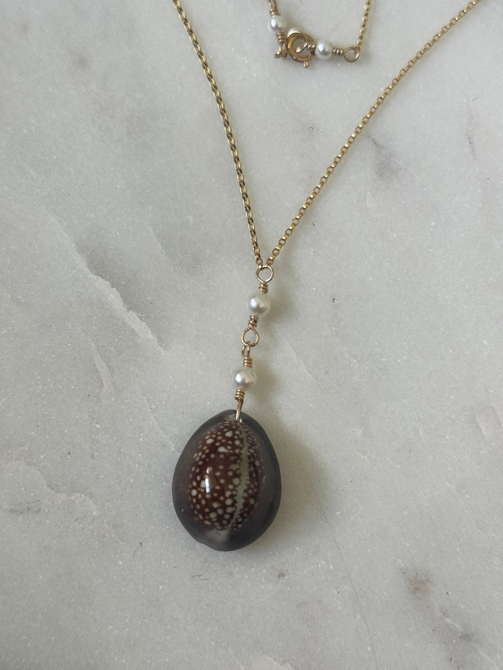 14K GF Hawaiian Snake’s Head Cowrie Necklace with Freshwater Pearls - Beach Jewelry - handmade in Hawaii