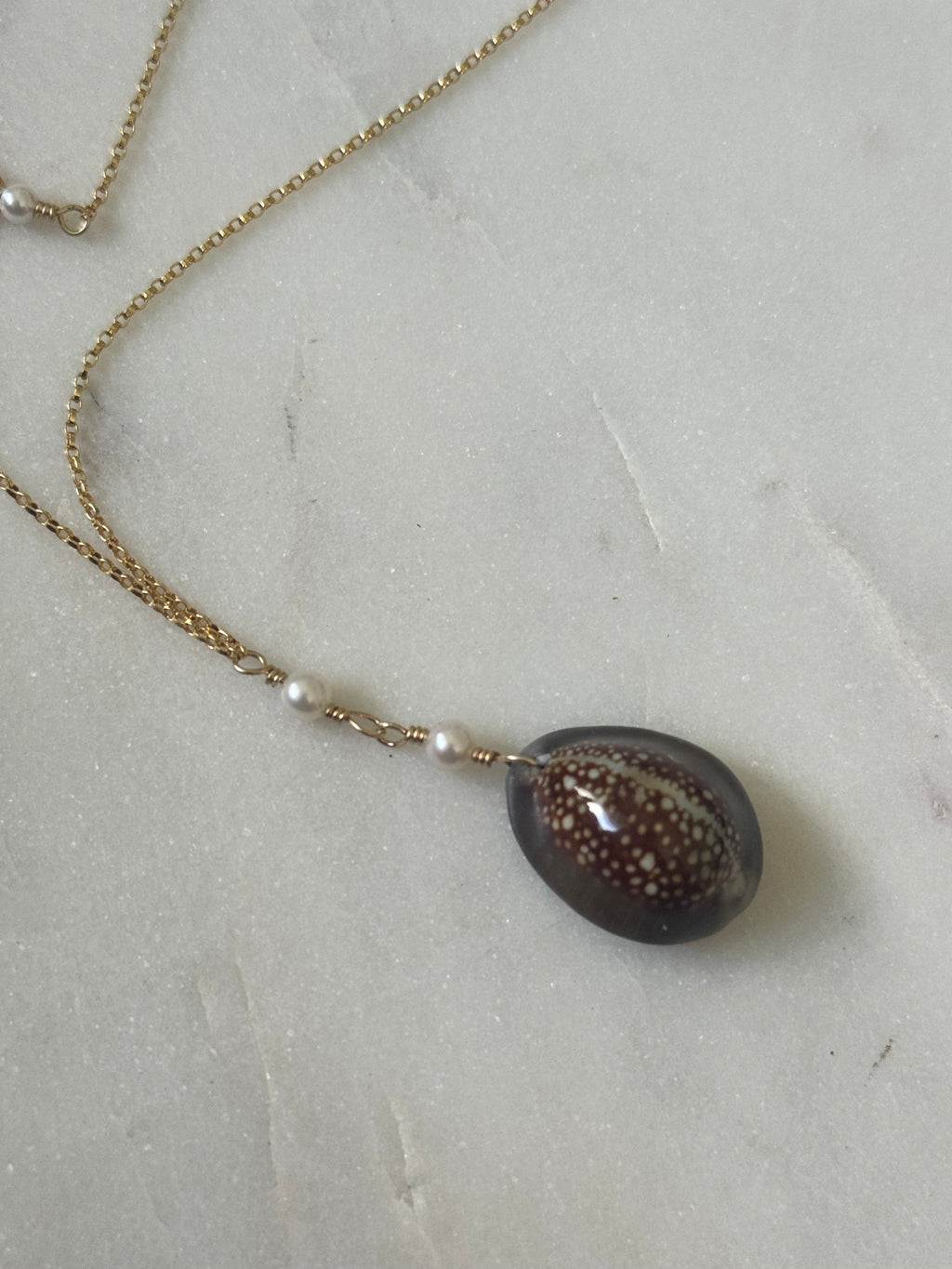 14K GF Hawaiian Snake’s Head Cowrie Necklace with Freshwater Pearls - Beach Jewelry - handmade in Hawaii