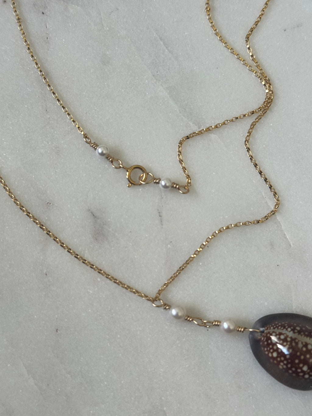 14K GF Hawaiian Snake’s Head Cowrie Necklace with Freshwater Pearls - Beach Jewelry - handmade in Hawaii