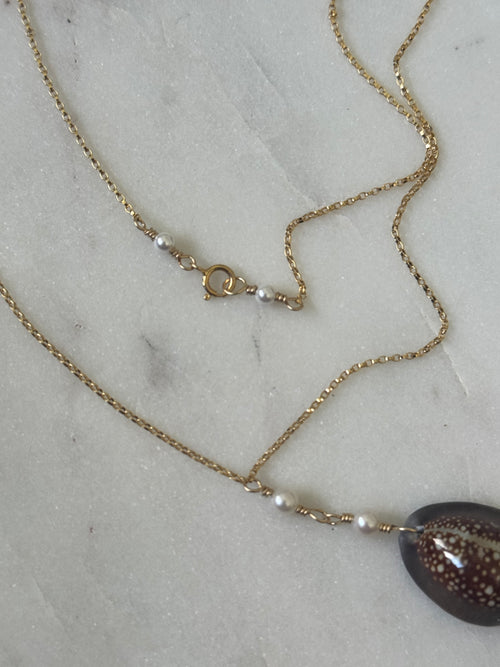 14K GF Hawaiian Snake’s Head Cowrie Necklace with Freshwater Pearls - Beach Jewelry - handmade in Hawaii