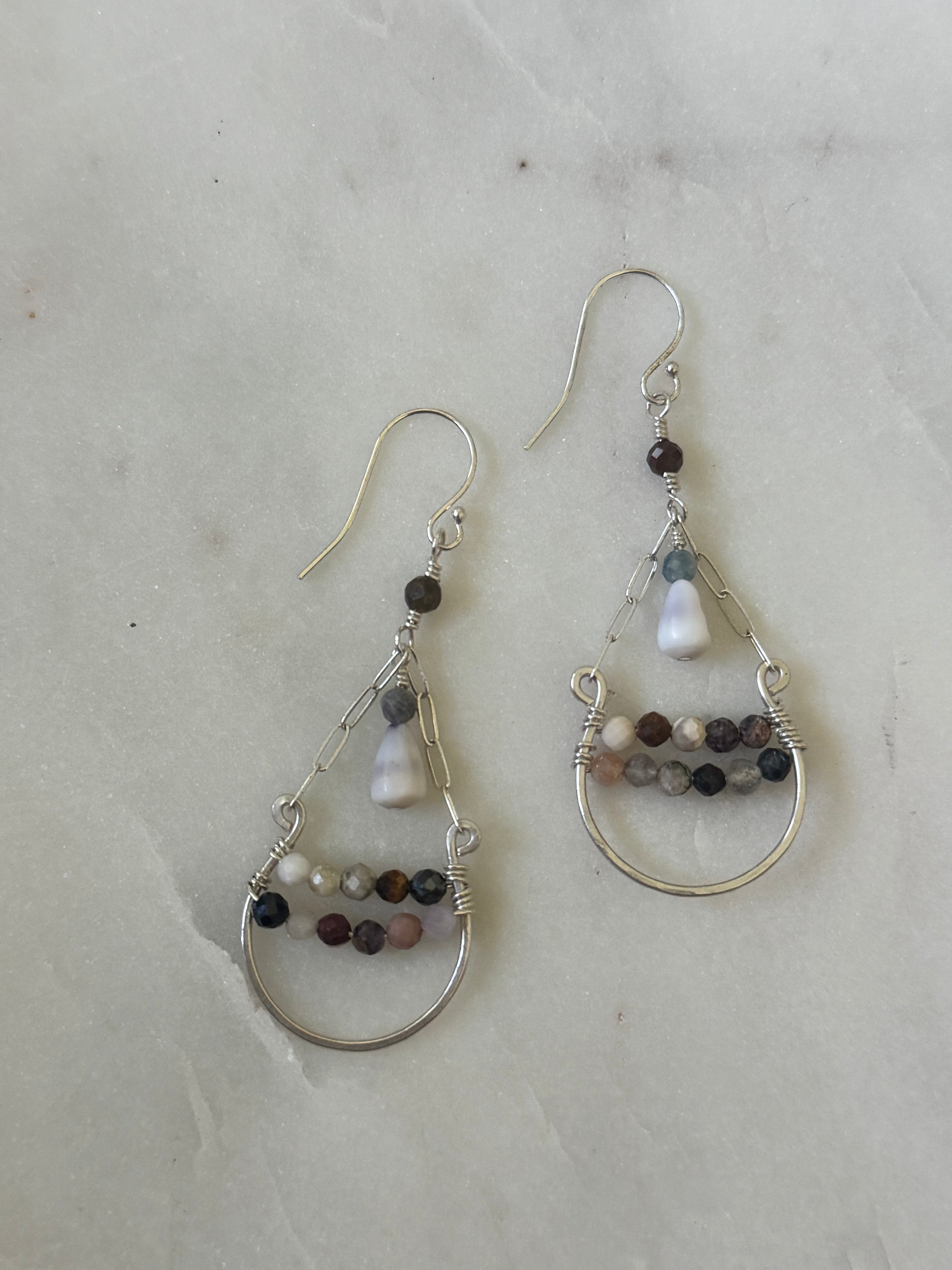 Dangly Sterling Silver Tourmaline and Cone Shell Earrings