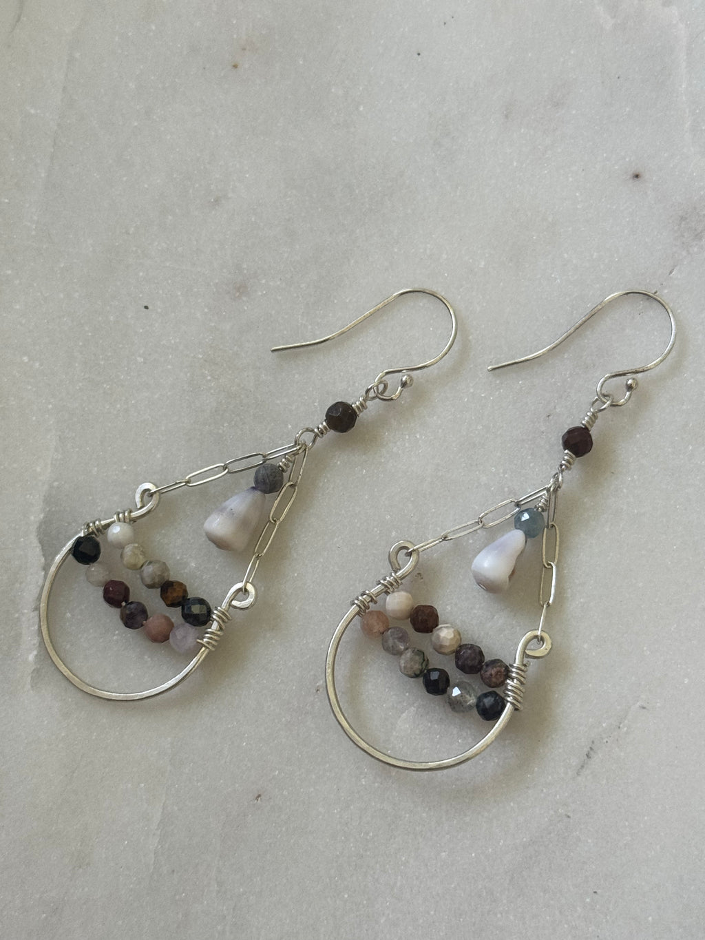 Dangly Sterling Silver Tourmaline and Cone Shell Earrings