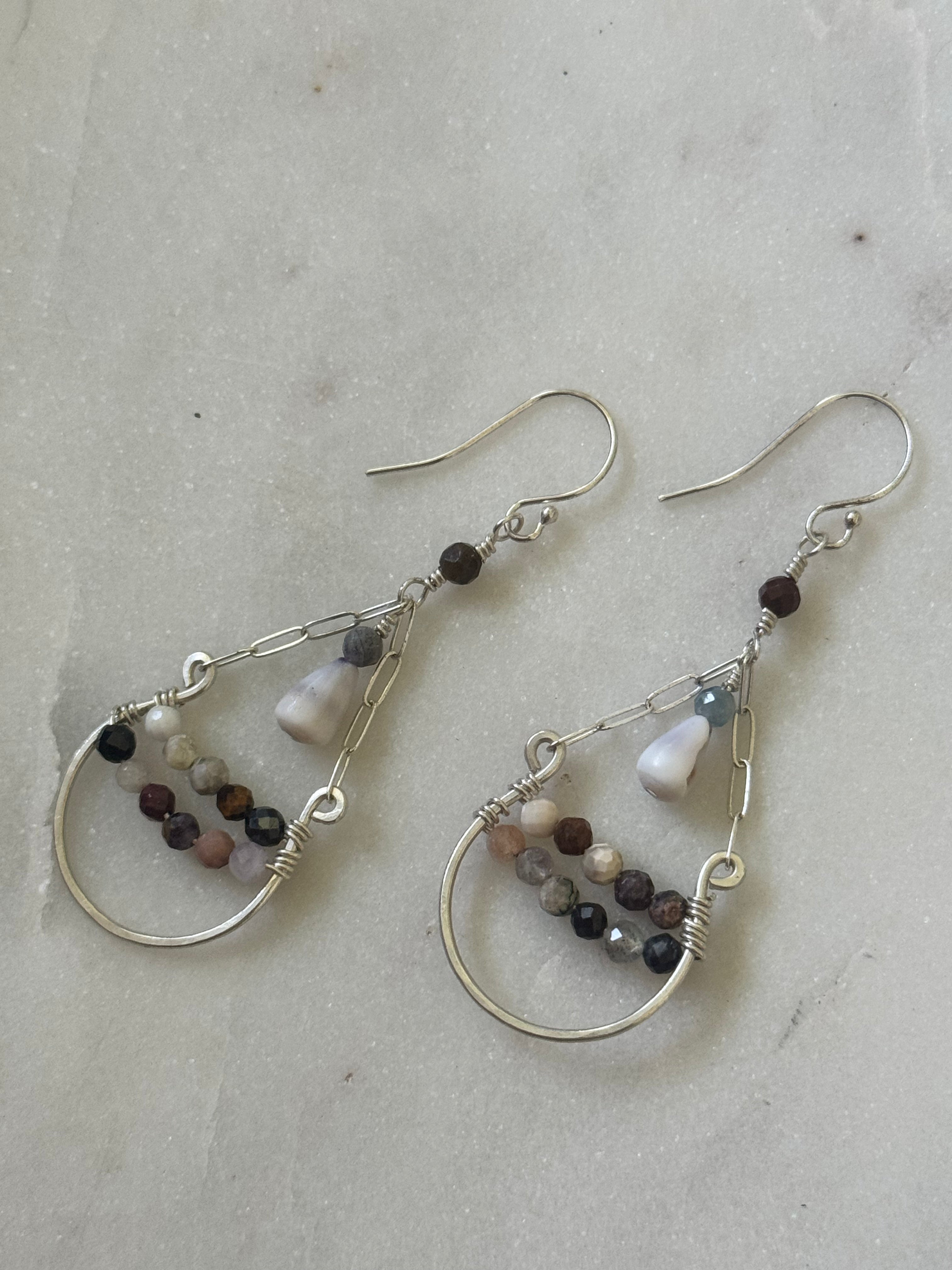 Dangly Sterling Silver Tourmaline and Cone Shell Earrings
