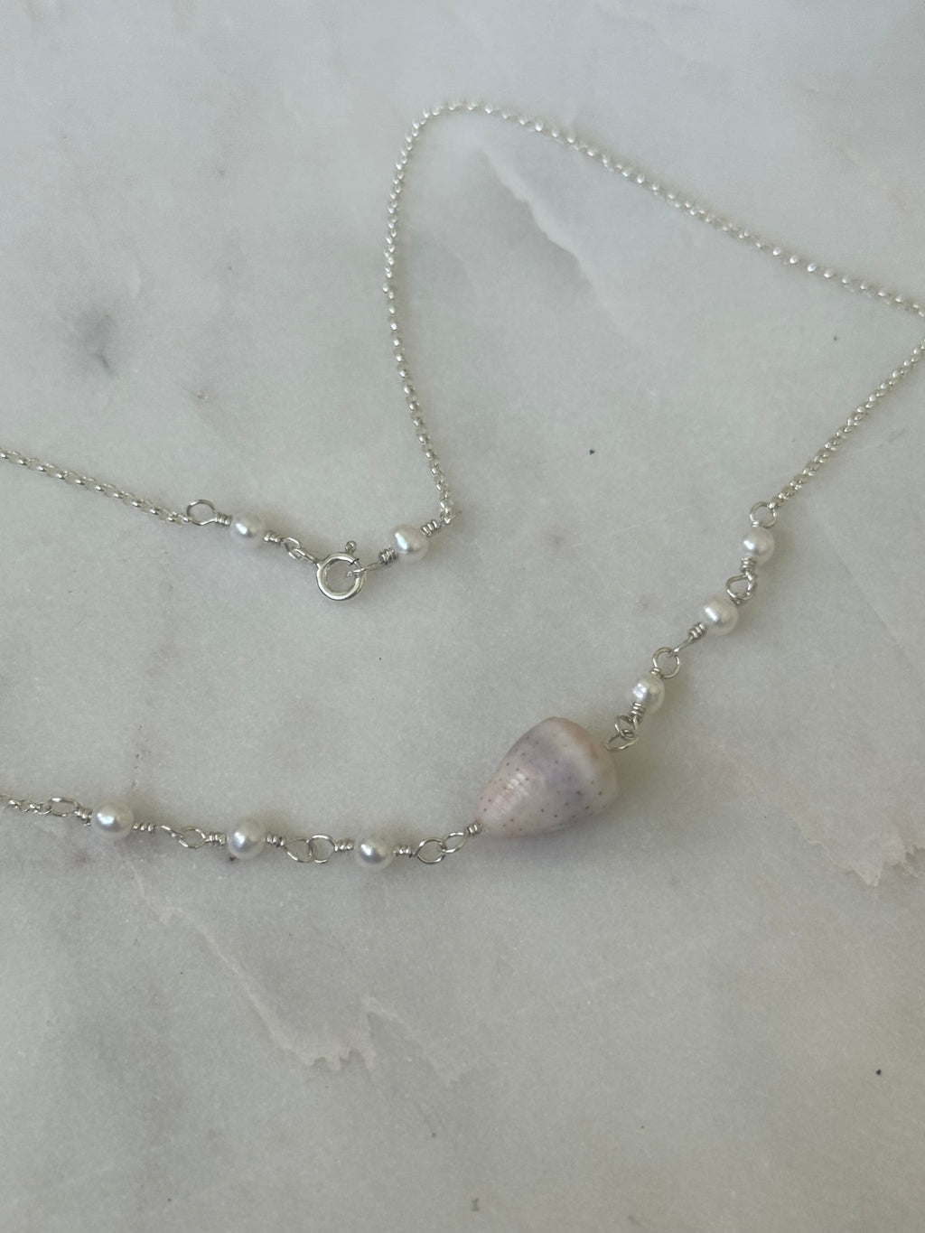 Sterling Silver Necklace with Abbreviated Cone Shell and freshwater pearls - made in Hawaii
