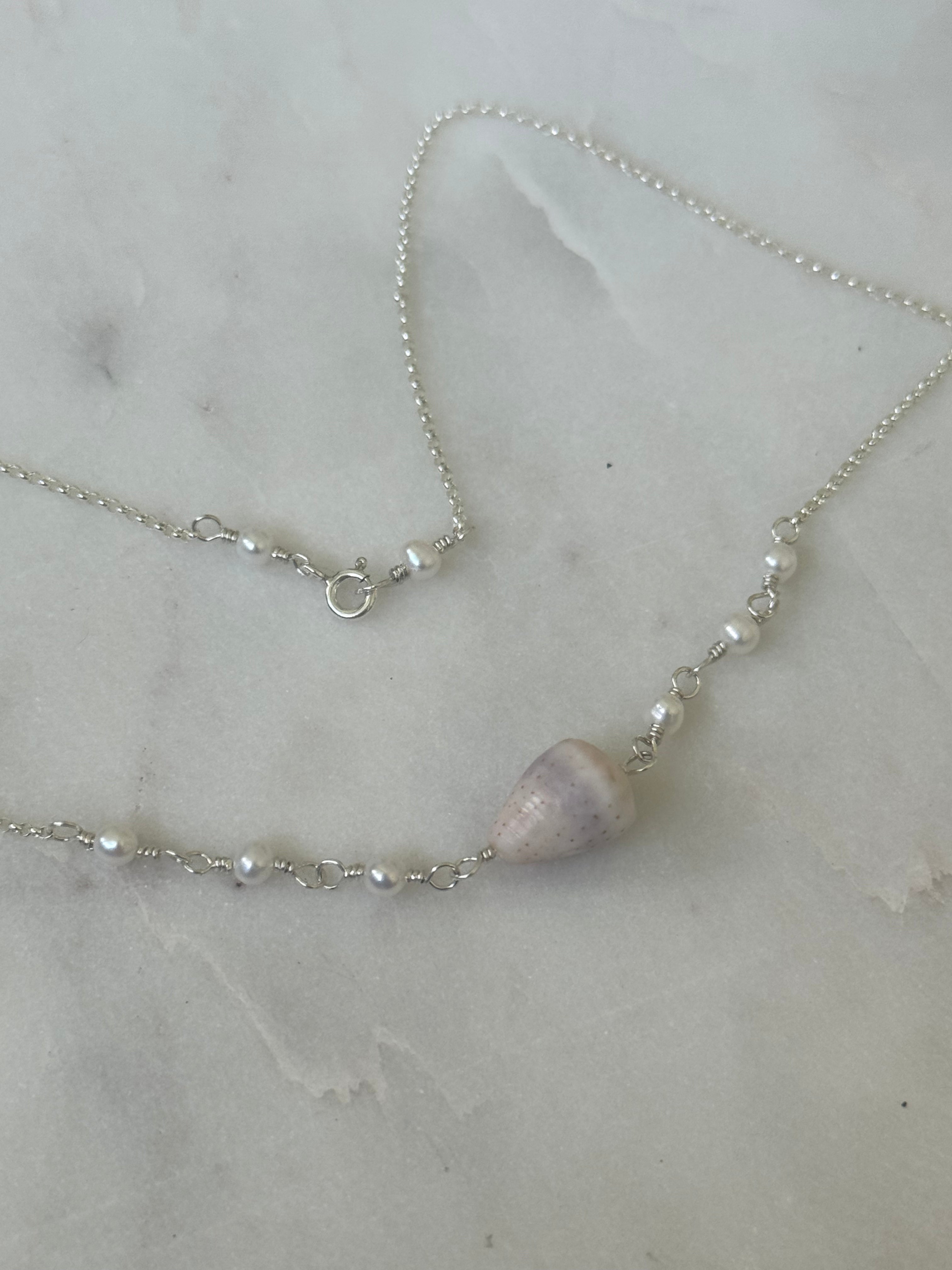 Sterling Silver Necklace with Abbreviated Cone Shell and freshwater pearls - made in Hawaii