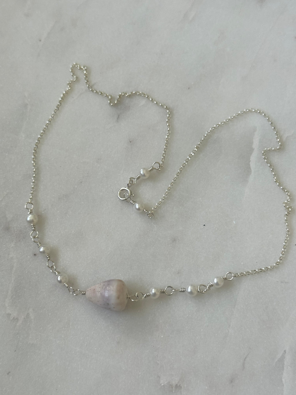 Sterling Silver Necklace with Abbreviated Cone Shell and freshwater pearls - made in Hawaii
