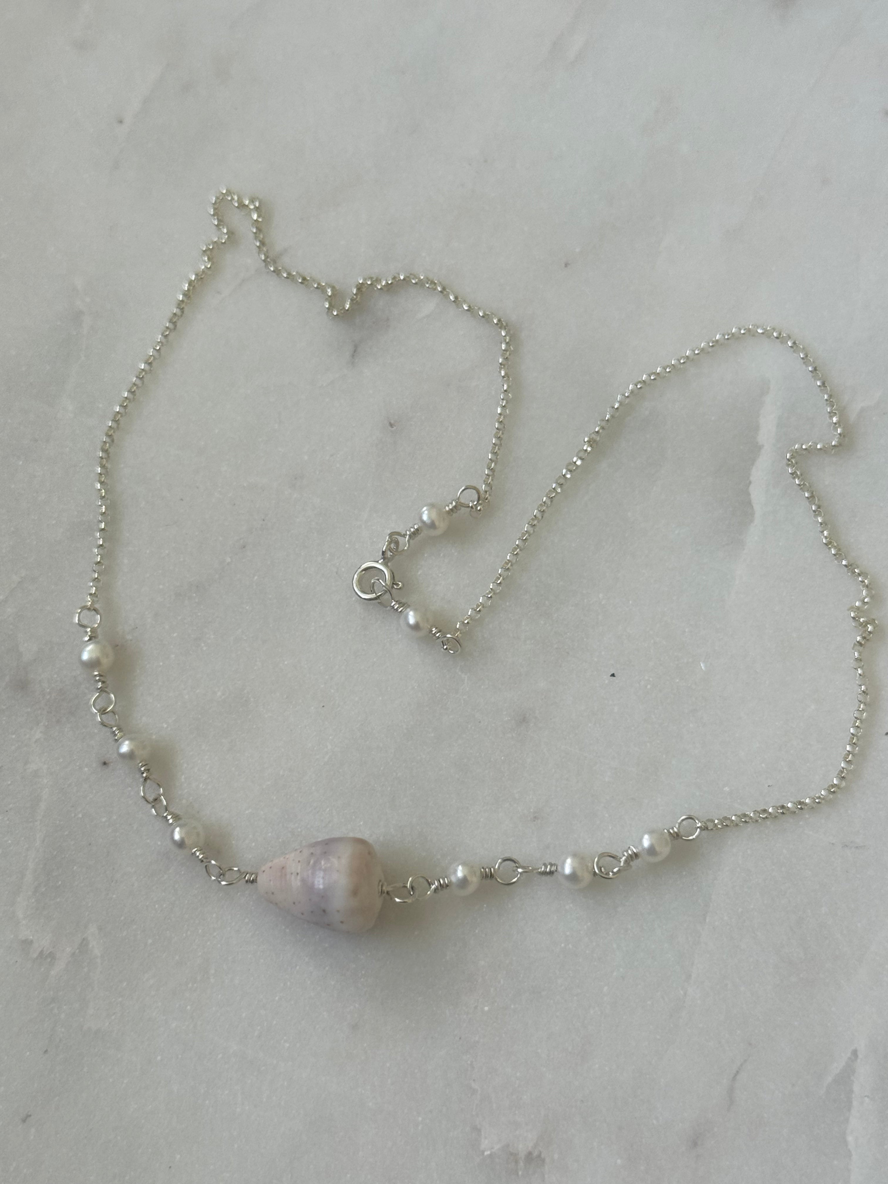 Sterling Silver Necklace with Abbreviated Cone Shell and freshwater pearls - made in Hawaii