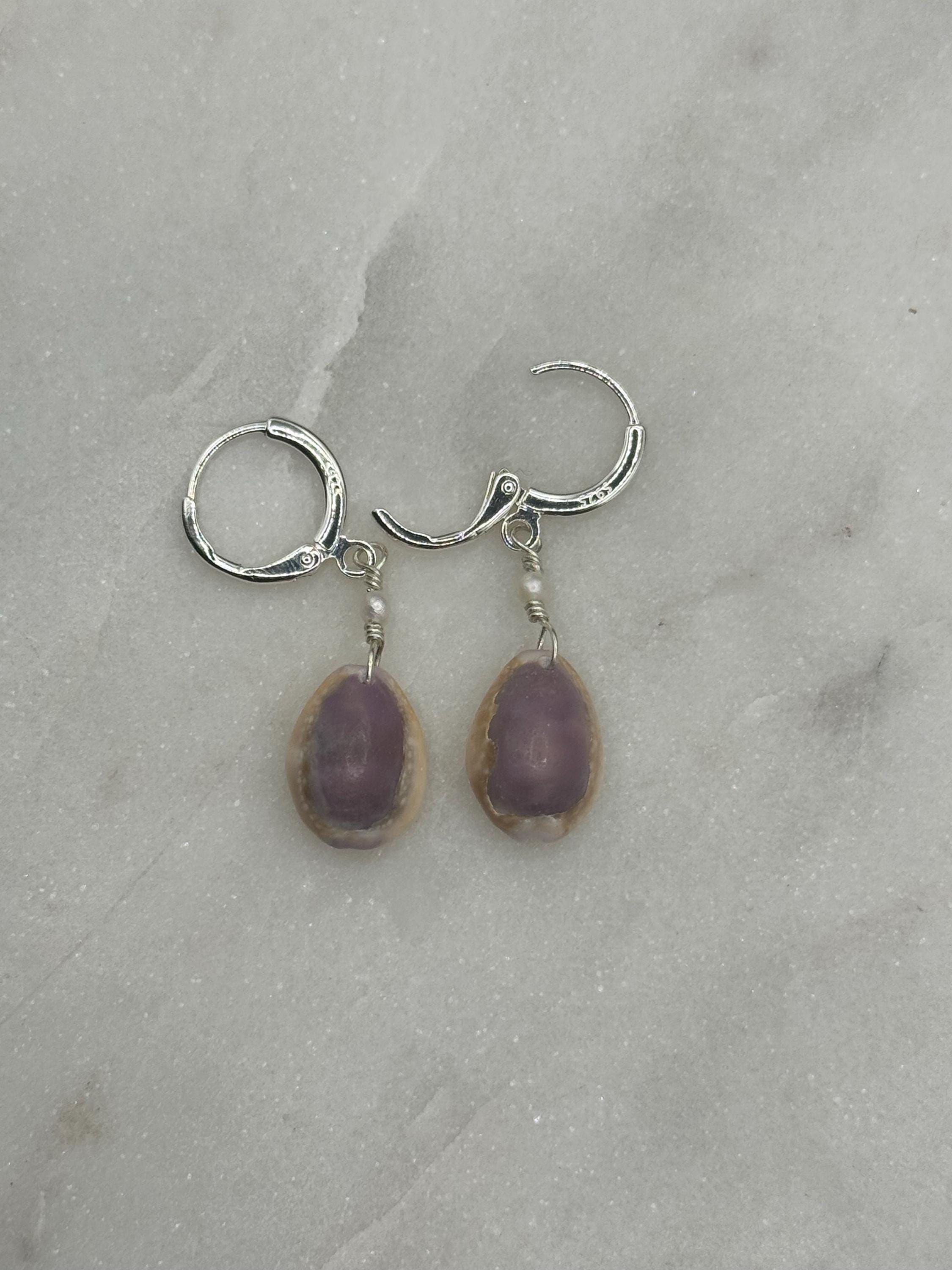 Pink Cowrie Shell Huggies - Sterling Silver - made in Hawaii - Beach Jewelry - Shell Earrings