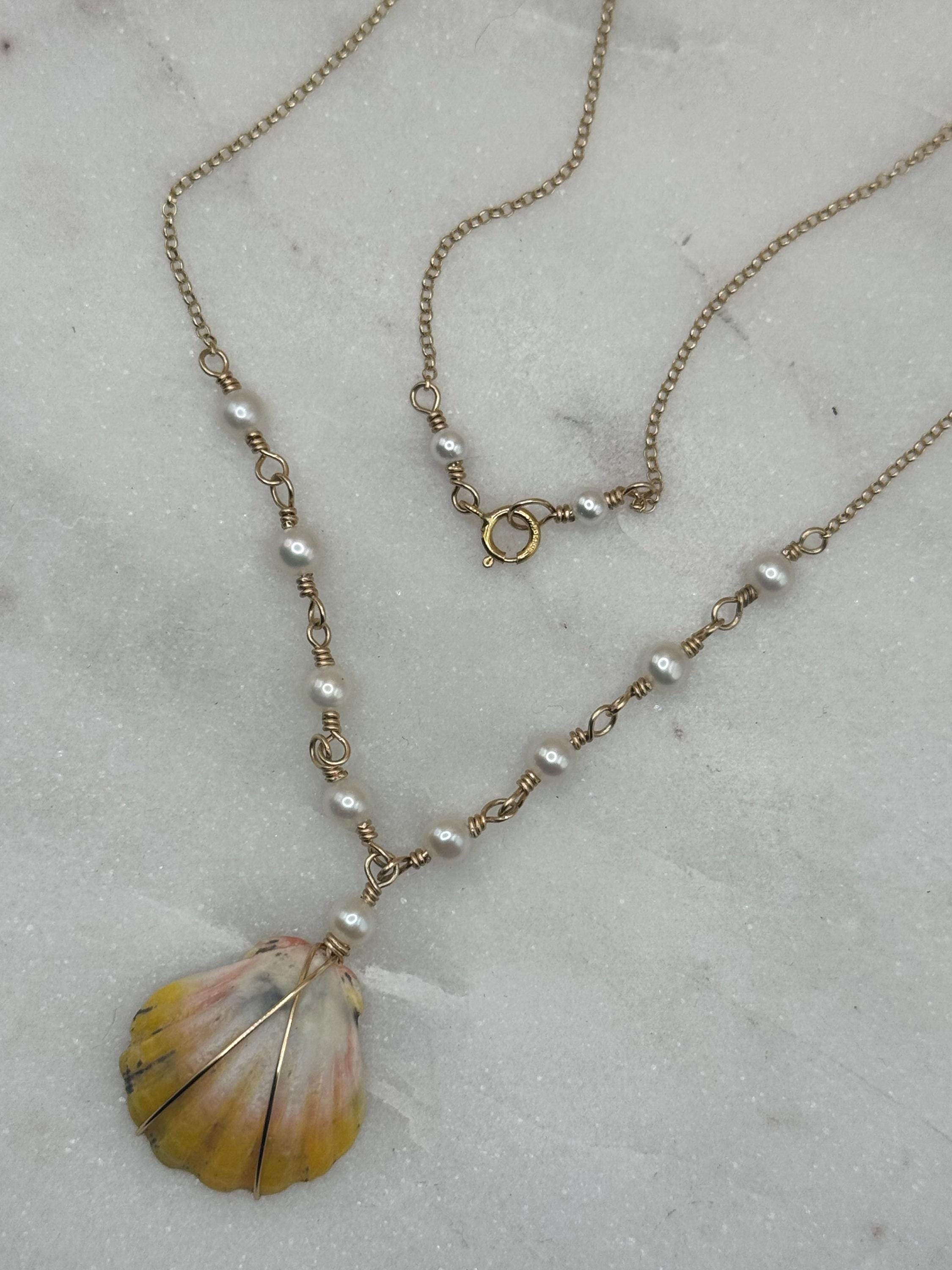 Hawaiian Sunrise Shell Necklace - 14k gold filled - Beach Jewelry - Pearls - made in Hawaii
