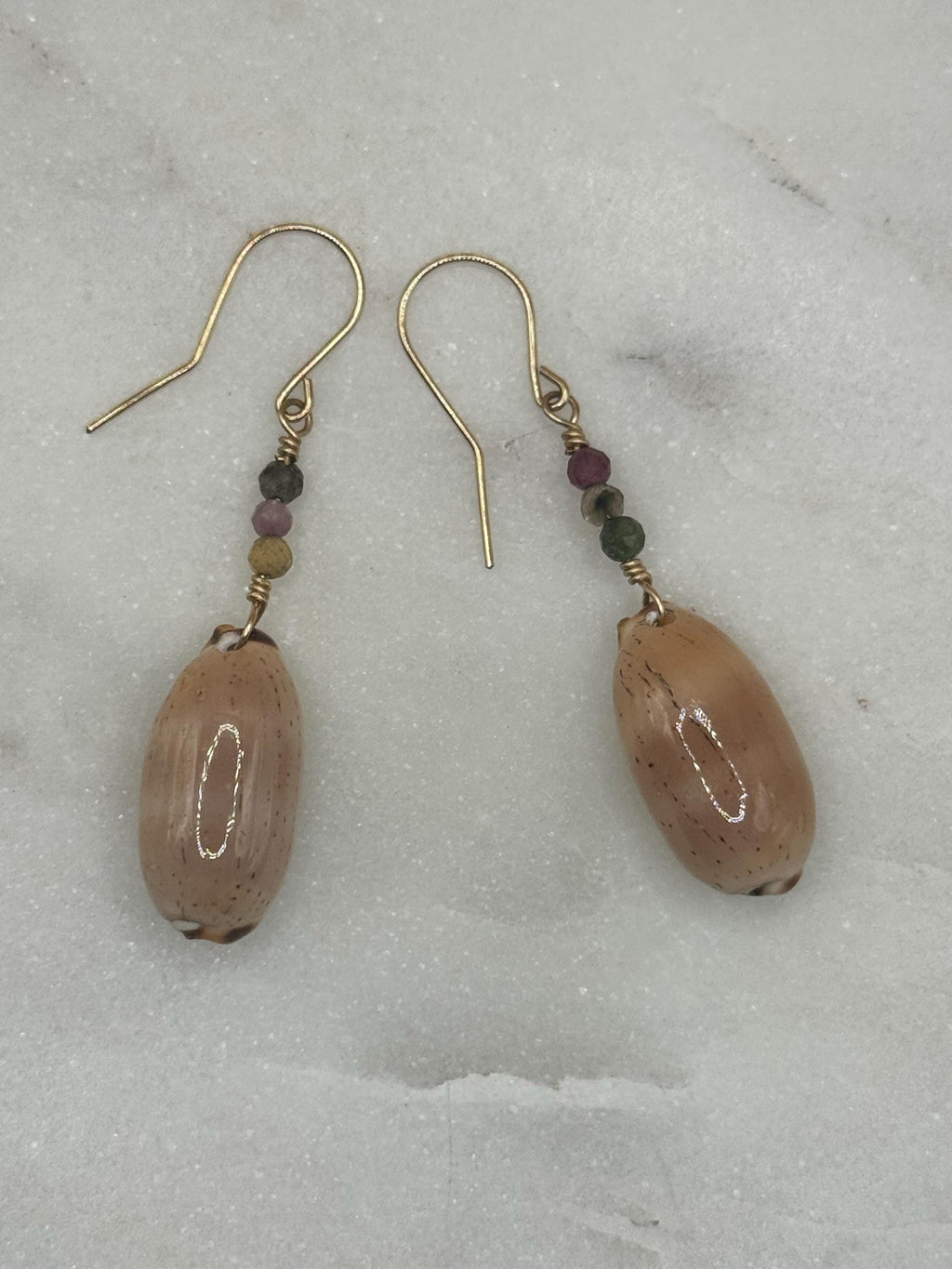 14K gold filled Isabella Cowrie Earrings with Tourmaline Gemstones