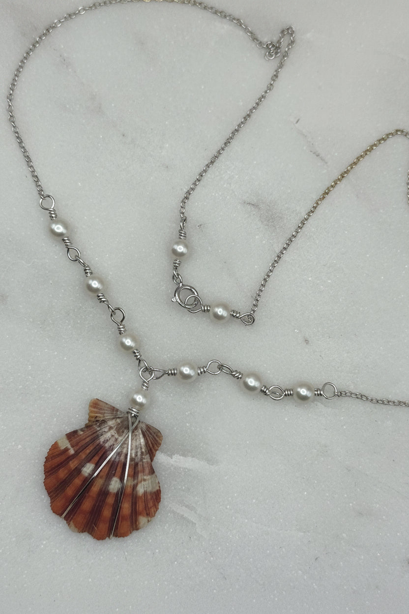 Rare orange Hawaiian Sunrise Shell Necklace - Sterling Silver, Pearl, Beach Jewelry