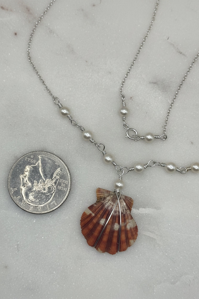 Rare orange Hawaiian Sunrise Shell Necklace - Sterling Silver, Pearl, Beach Jewelry