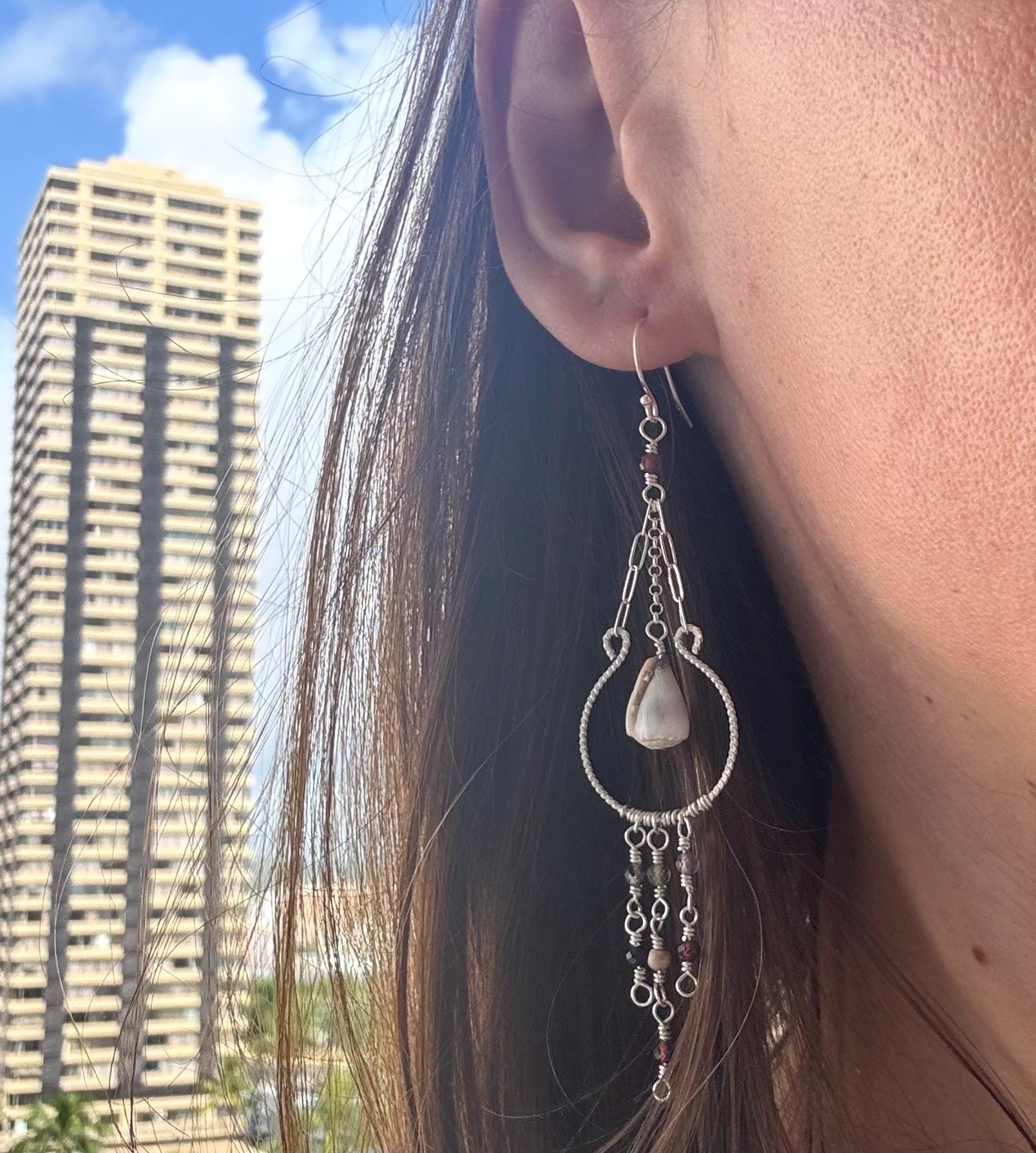 Dangly Sterling Silver Chandelier Earrings with Tourmaline Gemstones and Cone Shells