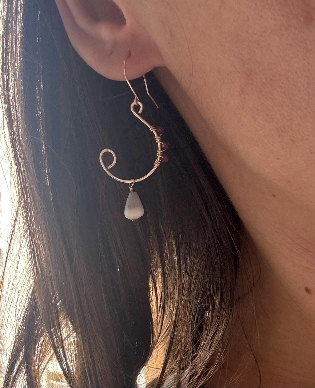 Handmade 14K Gold Filled Cone Shell Earrings - Garnet Gemstone Beach Jewelry
