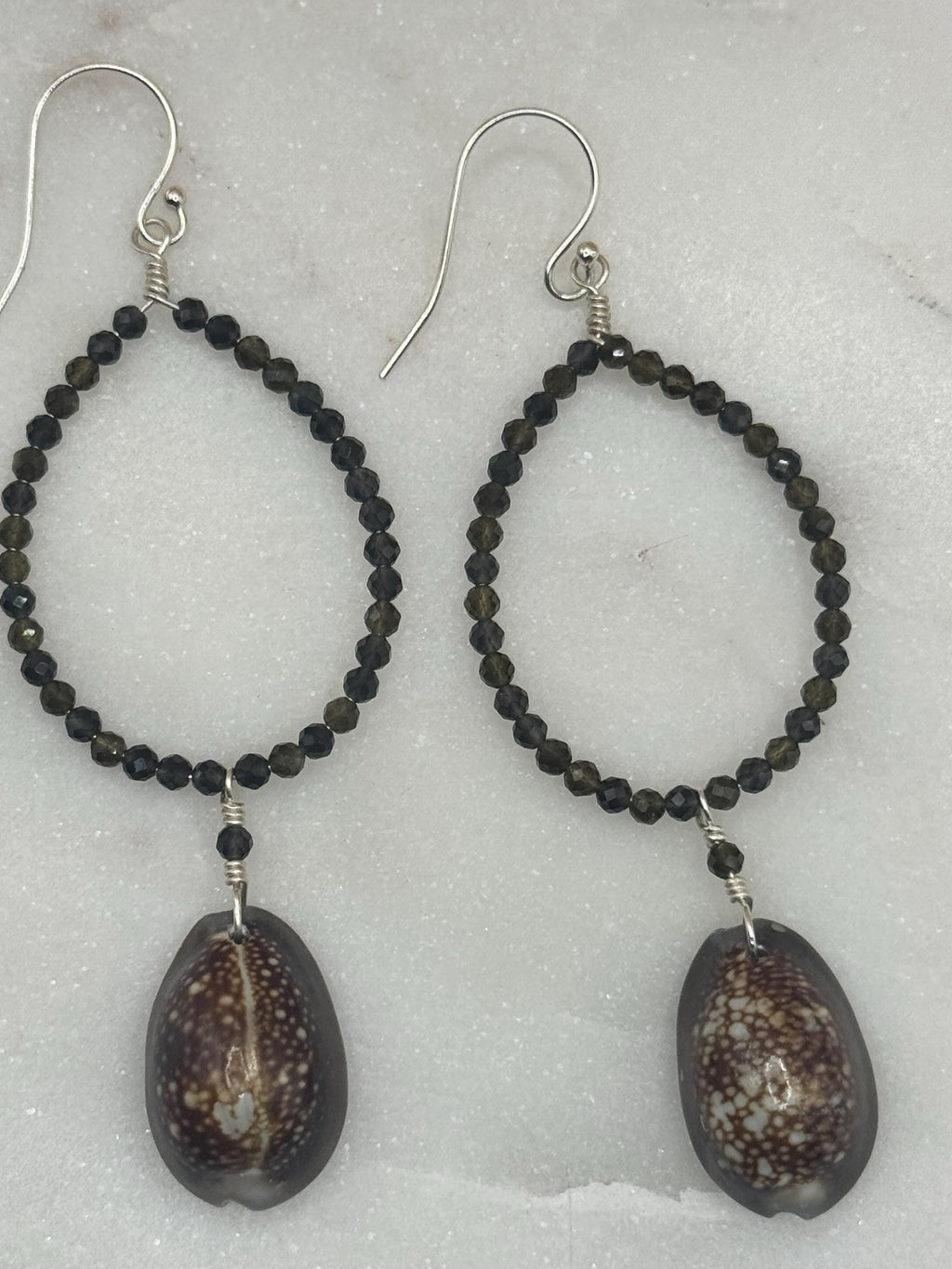 Sterling Silver Hoop Earrings with Mexican Obsidians and Hawaiian Cowrie Shells - Beach Jewelry - handmade