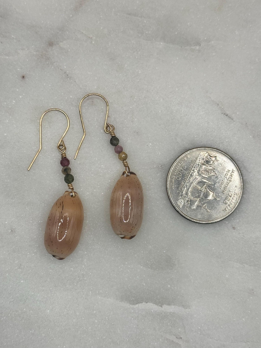 14K gold filled Isabella Cowrie Earrings with Tourmaline Gemstones