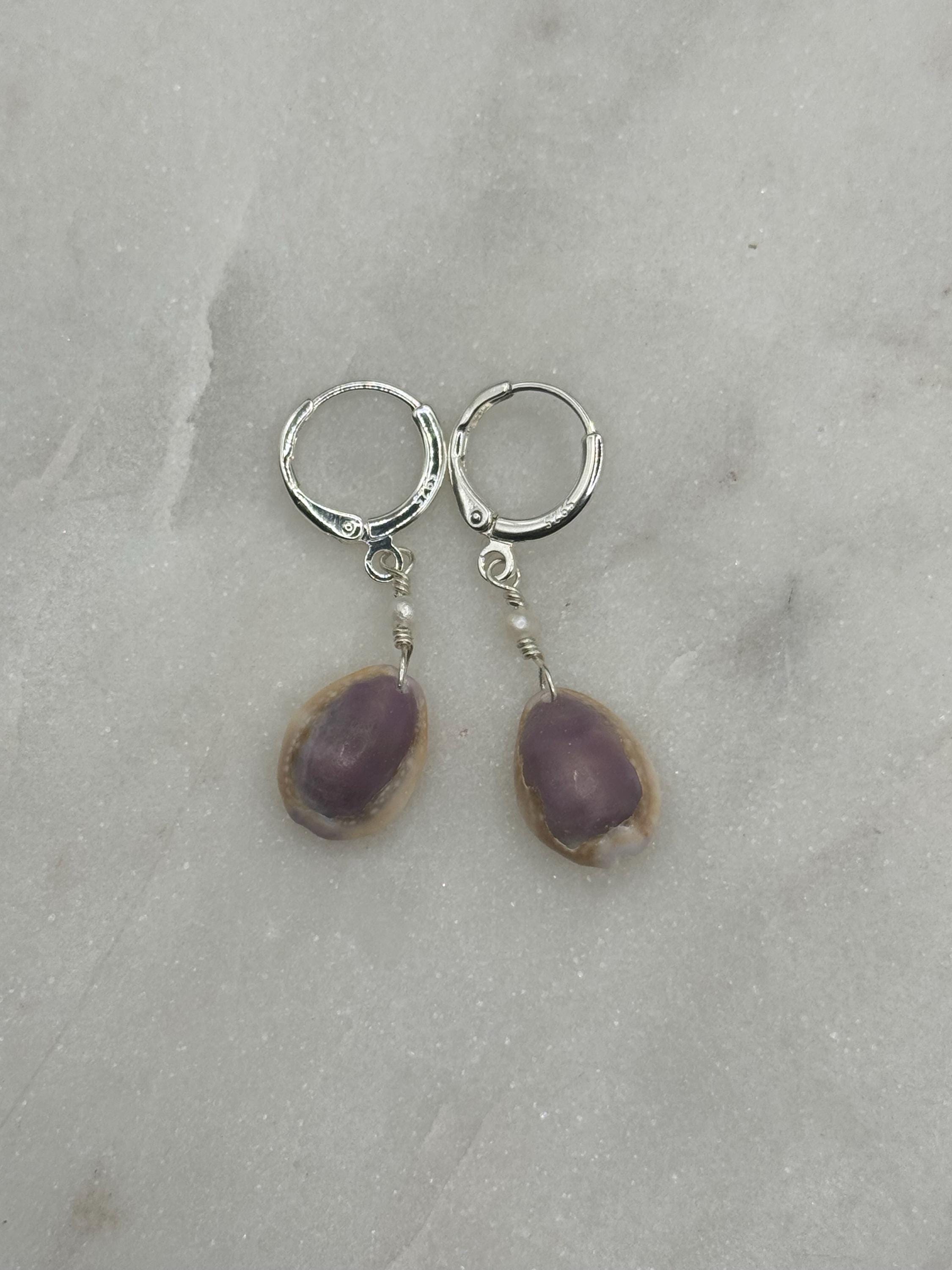 Pink Cowrie Shell Huggies - Sterling Silver - made in Hawaii - Beach Jewelry - Shell Earrings