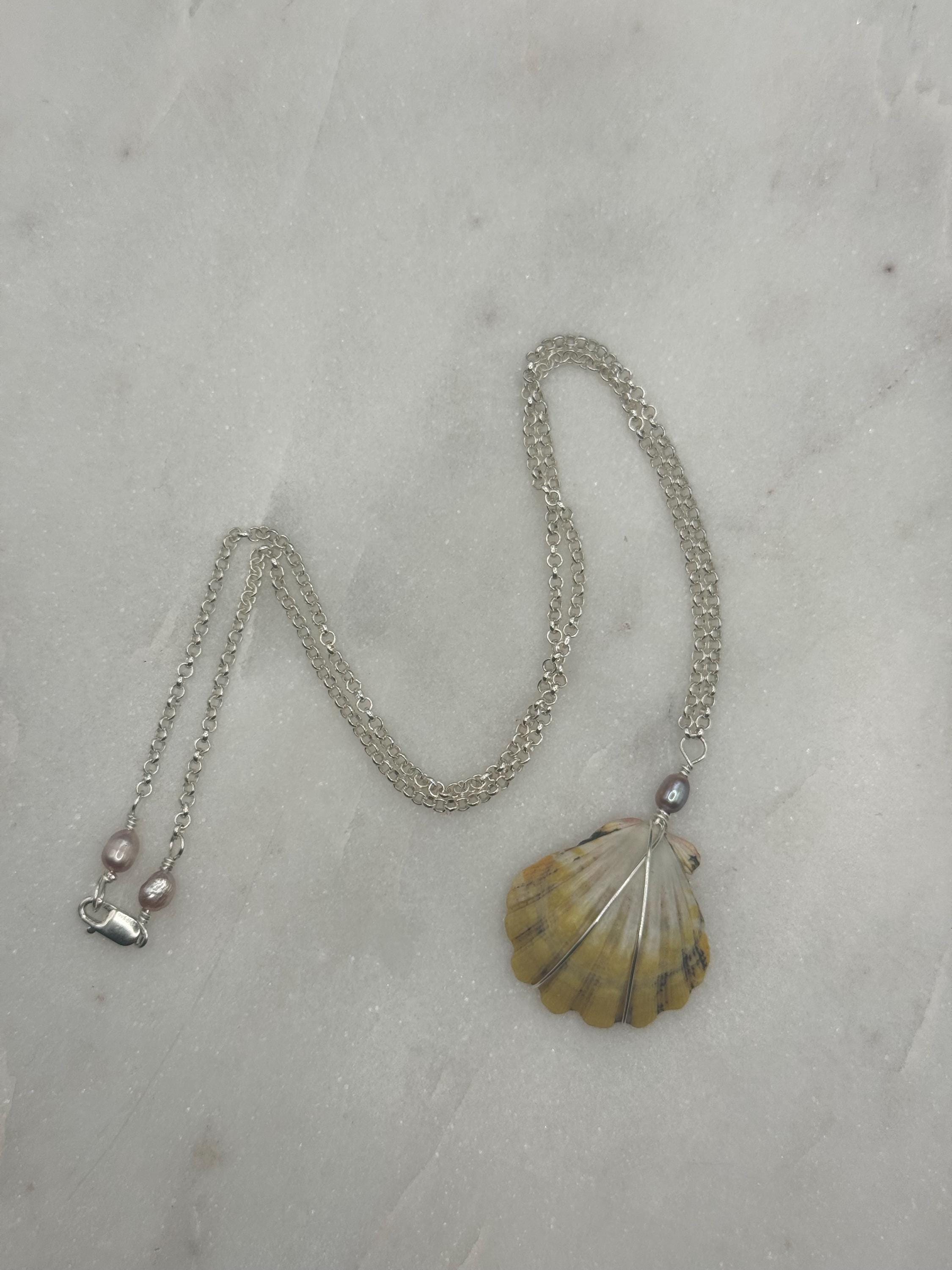 Hawaiian Sunrise Shell Necklace - Sterling Silver, Pink Pearl, Beach Jewelry