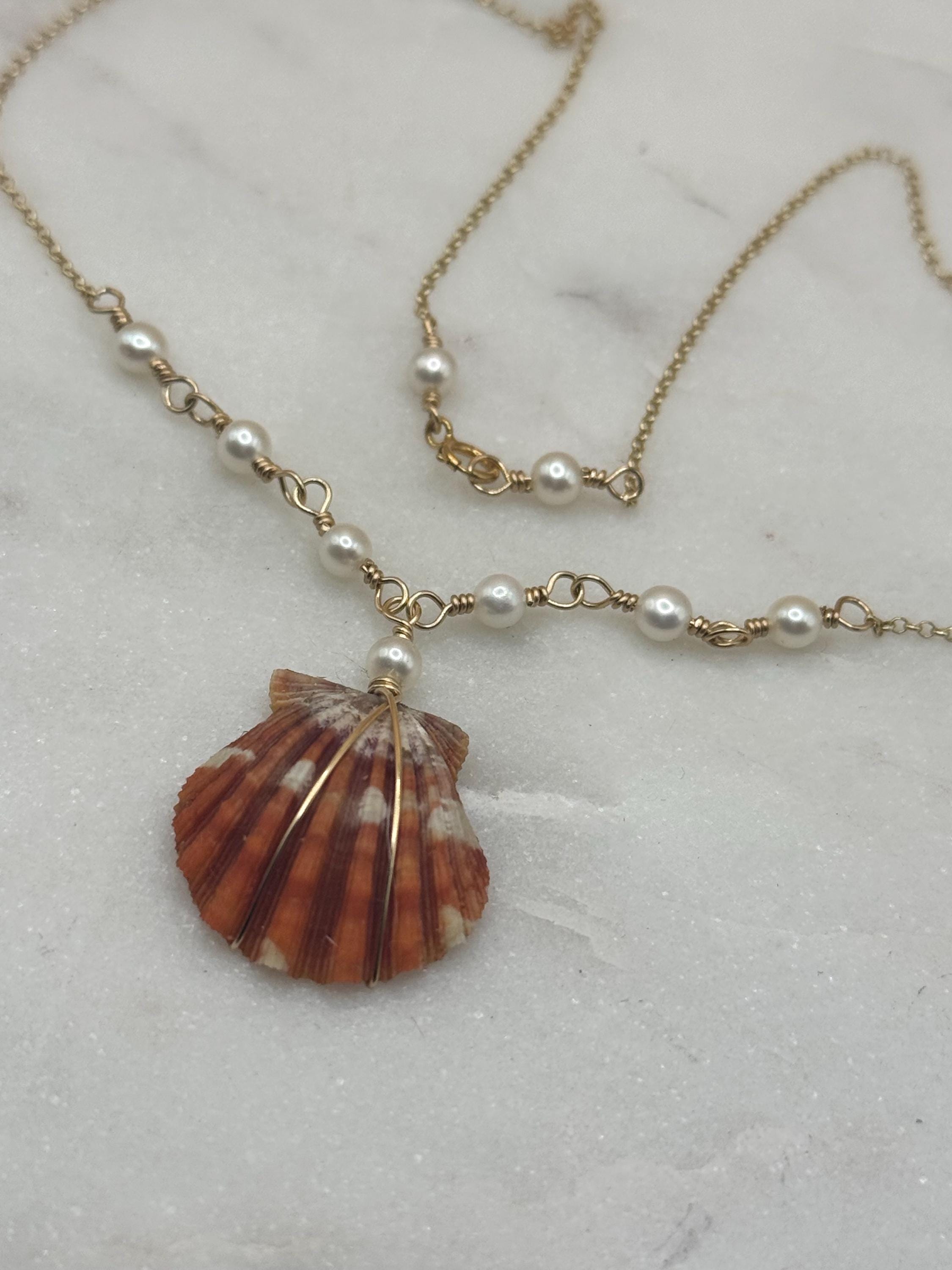 Rare orange Hawaiian Sunrise Shell Necklace - Sterling Silver, Pearl, Beach Jewelry