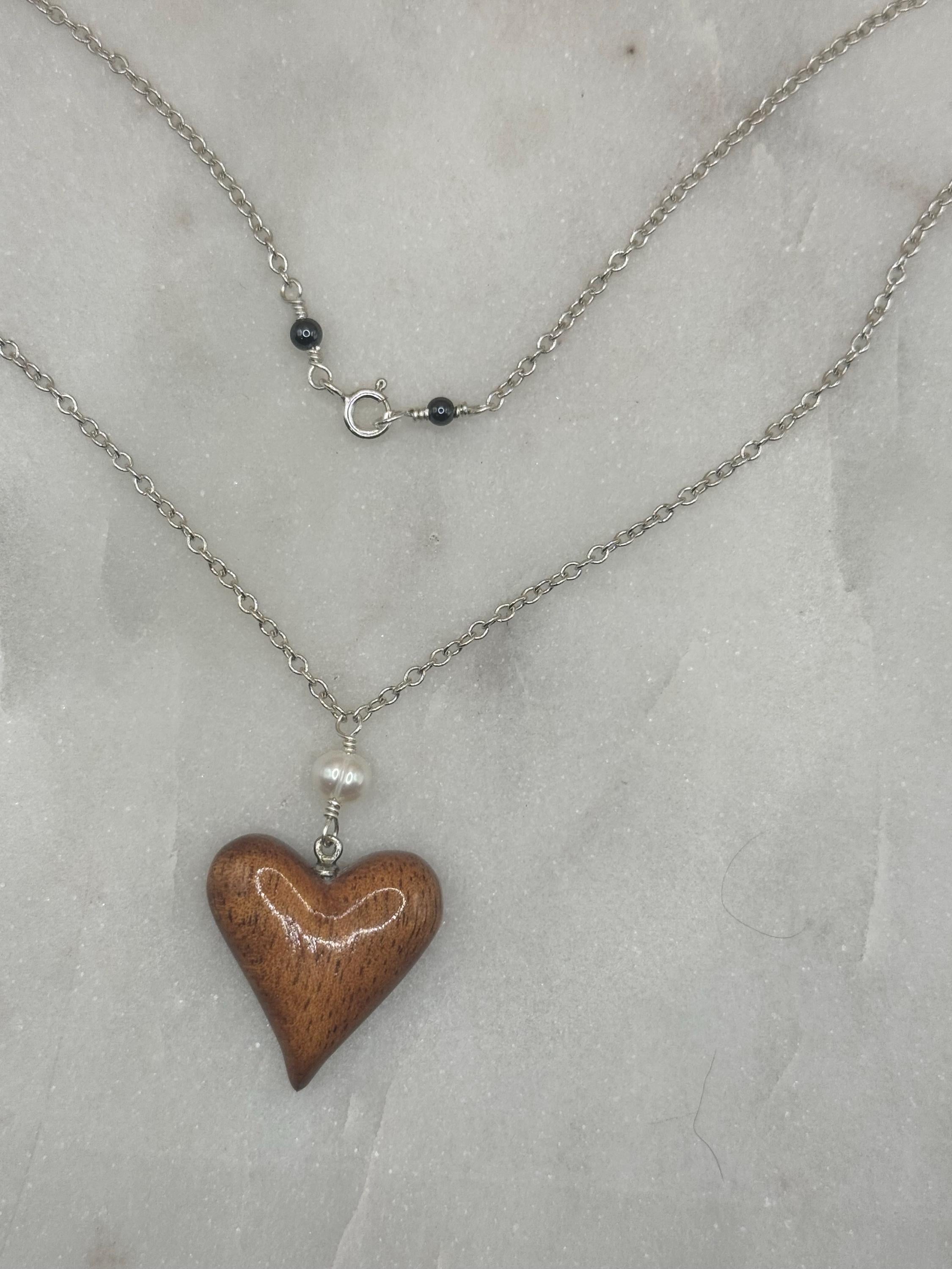 Sterling Silver Koa Wood Heart Necklace - made in Hawaii