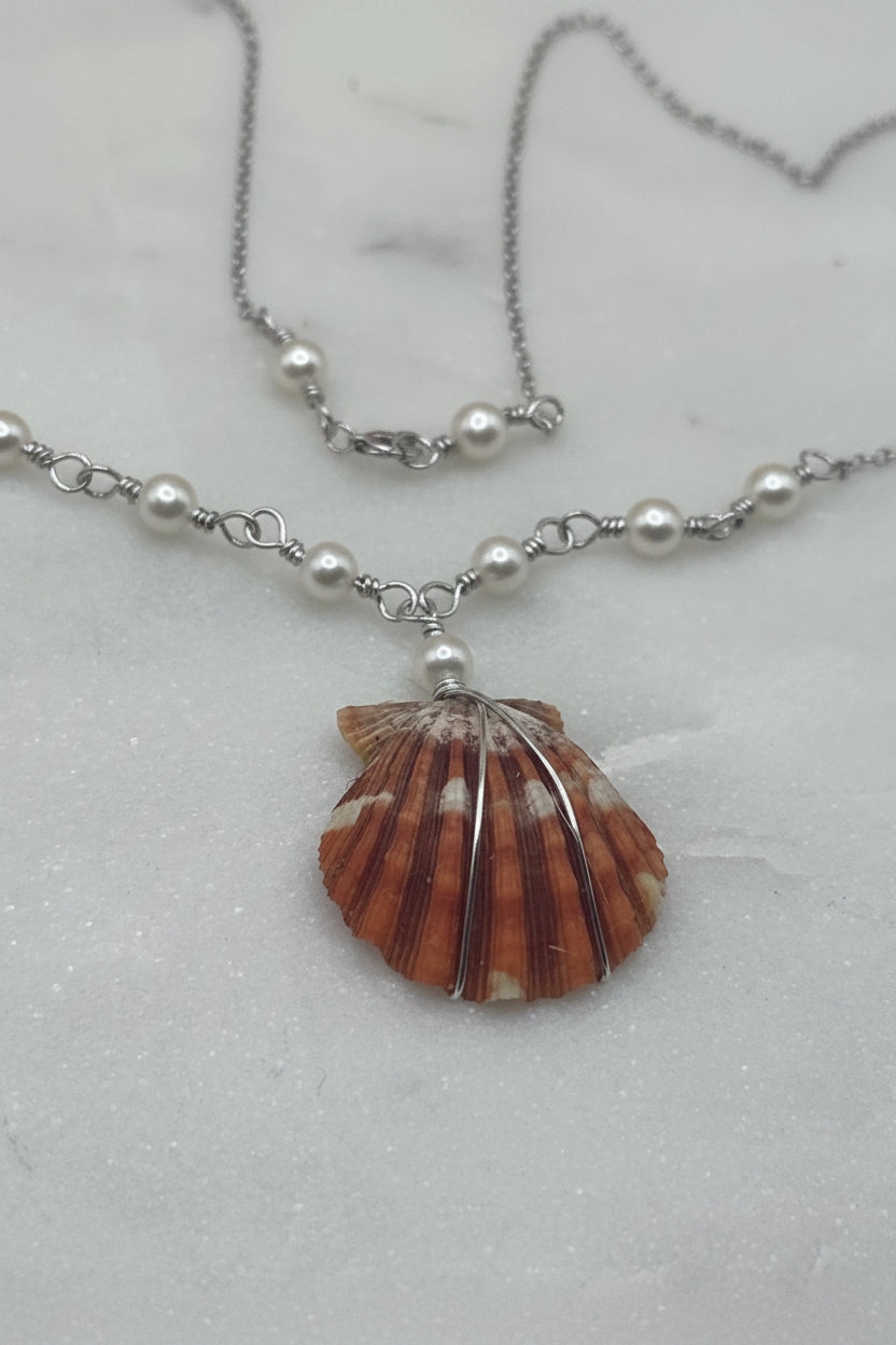 Rare orange Hawaiian Sunrise Shell Necklace - Sterling Silver, Pearl, Beach Jewelry