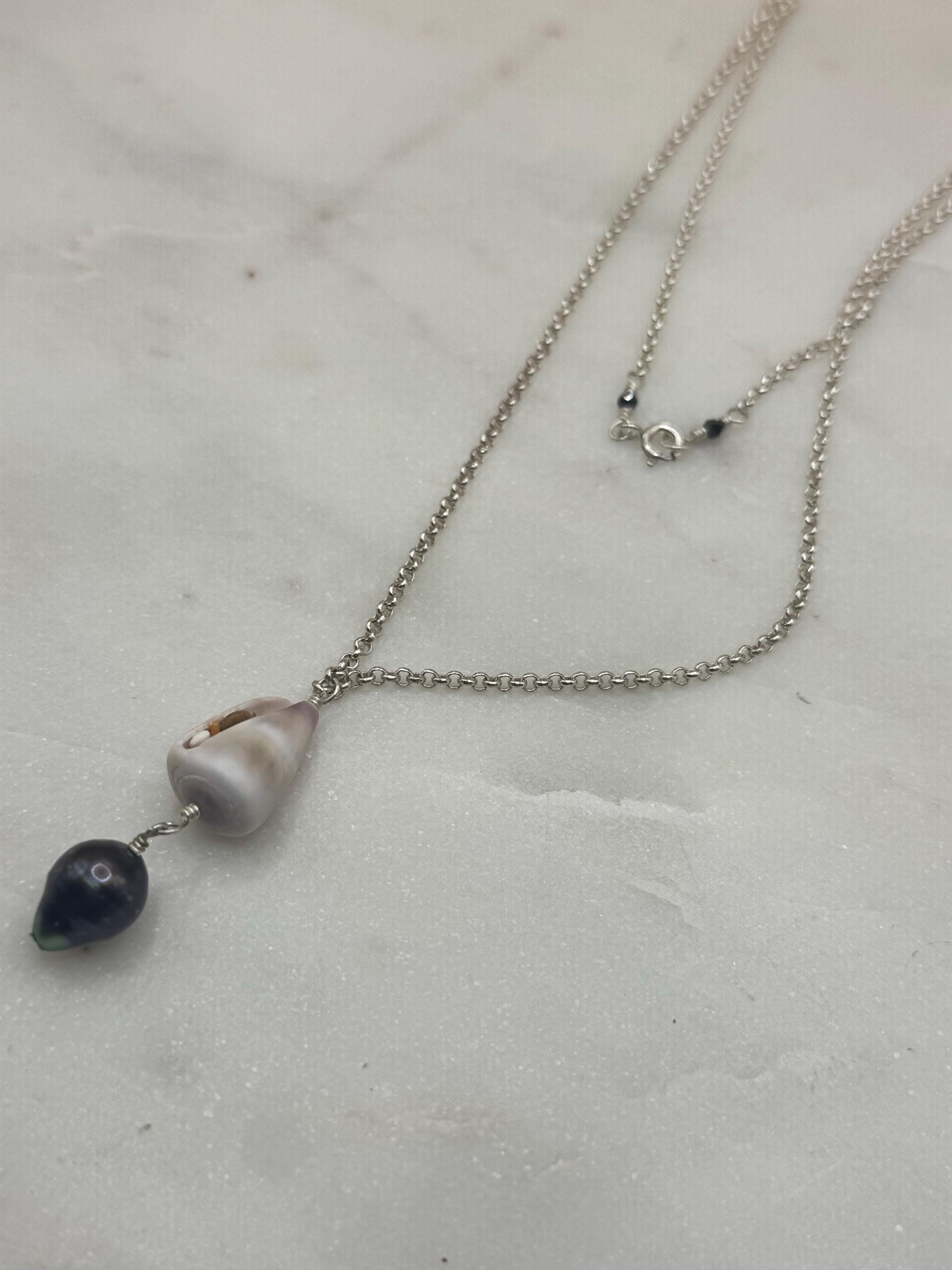 Sterling Silver Cone Shell Necklace with Tahitian pearl - Beach Jewelry - handmade in Hawaii