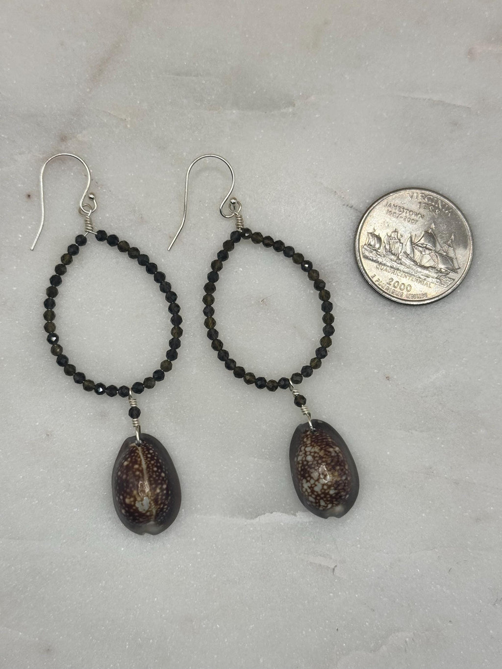 Sterling Silver Hoop Earrings with Mexican Obsidians and Hawaiian Cowrie Shells - Beach Jewelry - handmade