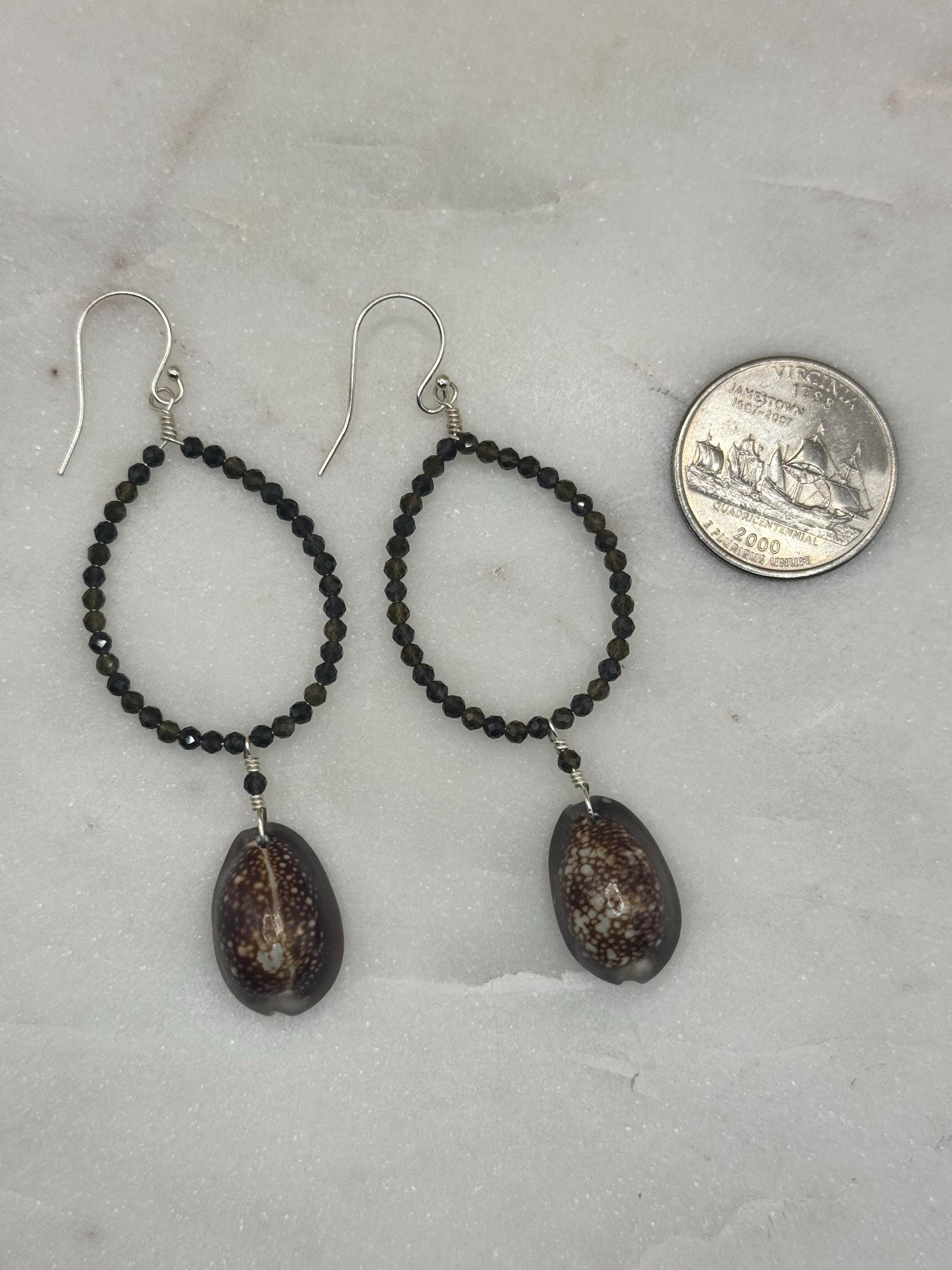 Sterling Silver Hoop Earrings with Mexican Obsidians and Hawaiian Cowrie Shells - Beach Jewelry - handmade